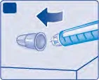 Ilustración médica que muestra una flecha azul que indica el movimiento de una tapa protectora hacia la punta de un dispositivo médico azul