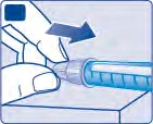 Manos que sostienen una jeringa con líquido azul y una flecha que indica el movimiento de inserción o empuje hacia la