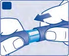 Dos manos sostienen un dispositivo médico cilíndrico azul y negro, con una flecha que indica el movimiento de rotación o inserción de una parte central