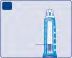 Jeringa precargada con cuerpo azul y graduación blanca sobre fondo claro con aguja dirigida hacia la
