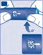 Dos manos sostienen un dispositivo médico azul con una pantalla numérica que muestra el cero y una flecha curva indica el movimiento de rotación