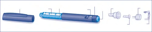 Diagrama despiegado de una pluma inyectora médica azul con sus componentes separados, incluyendo tapa, cuerpo, selector de dosis y aguja