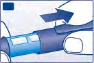 Una mano empuja un dispositivo médico cilíndrico azul hacia abajo con un movimiento indicado por una flecha oscura hacia la derecha