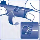 Manos que sostienen una pluma inyectora con una flecha curva que indica la rotación del selector de dosis hacia el número 2 mostrado en detalle