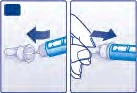 Dos ilustraciones muestran una mano que gira y desconecta un dispositivo médico azul de un componente transparente siguiendo la dirección de las flechas