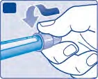Una mano gira la parte superior de una pluma inyectora hacia abajo siguiendo la dirección indicada por una flecha curva azul claro