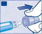 Una mano gira una cubierta protectora hacia la derecha para separarla de un dispositivo médico en forma de pluma con punta cilíndrica