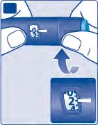 Dos manos sostienen un dispositivo médico azul con una pantalla numérica que muestra el cero y una flecha curva indica el movimiento de rotación