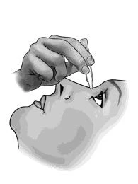 A hand holds a small vial or applicator above the eye