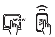 Black icons showing a hand touching a laptop with the text 'www' and a hand scanning a QR code on a smartphone with Wi-Fi waves