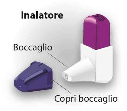 Purple and white inhaler with conical mouthpiece and separate purple mouthpiece cap on a white background with descriptive text in black
