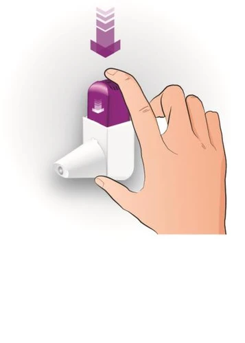 A hand pressing a finger on the top of a white and purple medical device with an arrow indicating the direction of pressure