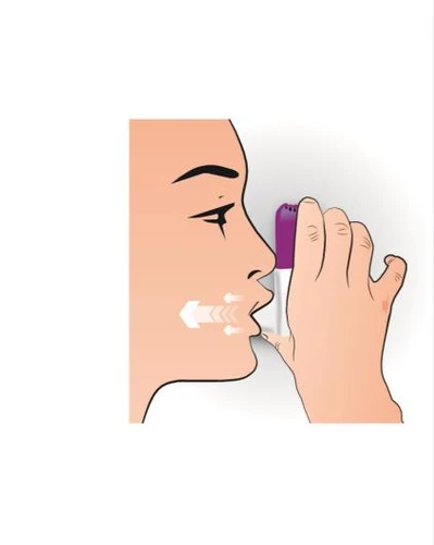 Profile of a face holding a purple and white medical device near the mouth with a white arrow pointing toward the