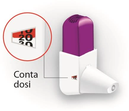 White and purple medical device with a circular magnifier showing the dose counter with numbers 10, 20, and 30 in red and black