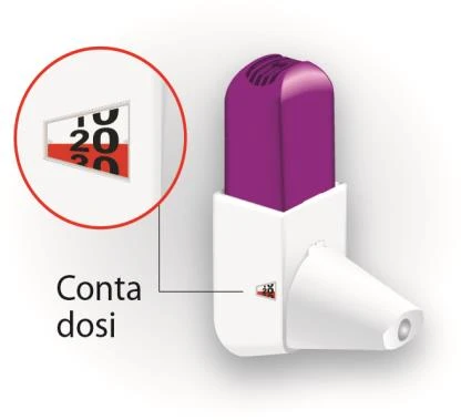 Detail of a white and purple medical device with a circular magnification showing a dose counter with black numbers on white and red background