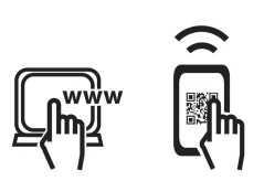 Stylized black and white icons of a computer with the text 'www' and a smartphone with a QR code, both touched by hands indicating the