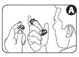 Black and white drawing showing two hands handling a medical vial with dark caps next to a head profile with the letter A