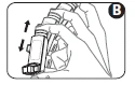 A hand holding a cylindrical medical device with two black arrows indicating a sliding motion