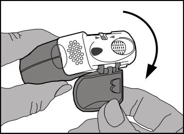 Two hands holding a white and gray medical device with a black curved arrow indicating rotational movement downward