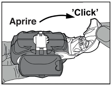 Hands holding a medical device with a curved arrow indicating the direction of movement