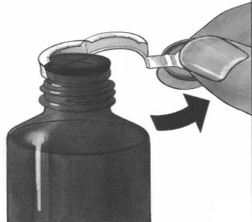 A drawing shows a hand using a metal tool to lift the cap from a medicine vial, with a black arrow indicating the direction of movement