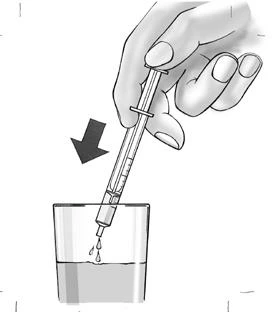 A hand holding a syringe with needle pointing downward, aspirating liquid from a transparent container, with a black arrow indicating the movement