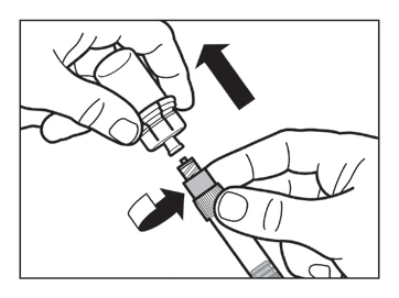 Two hands unscrewing a cap from a medical device with black arrows indicating rotational and removal movement upward