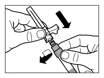 Two hands gripping and separating components of a medical device with black arrows indicating rotational and detachment movement