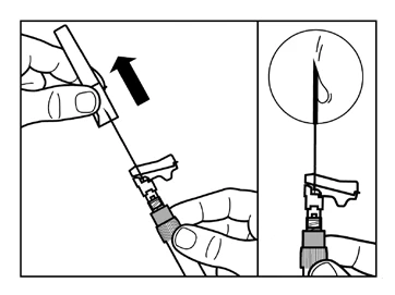 Technical drawing showing two hands separating a medical device with a black arrow and an enlarged detail of the