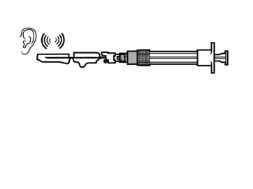 Technical drawing of a horizontal syringe with an applicator device emitting sound waves toward a human ear on the left