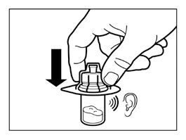 A hand pressing a cap onto a vial with a downward-pointing arrow and an