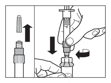 Diagram showing how to remove the cap of an injection pen by rotating it downward and to the left with hands