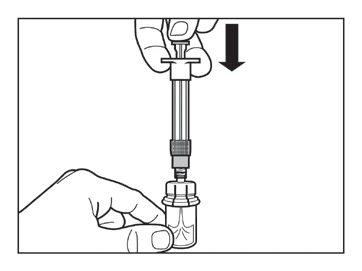 A hand holding a syringe and pushing it downward with a black arrow indicating insertion