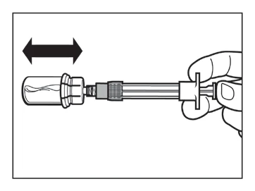 A hand holding a syringe to attach it to a glass vial via a horizontal movement indicated by a double black arrow