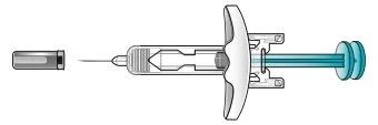 Technical diagram of a horizontal syringe with needle, transparent body, blue plunger, and protective cap separated on the left