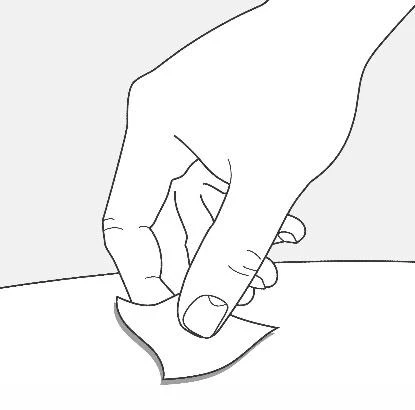 Line drawing of a hand applying a bandage or small adhesive patch onto a skin surface