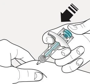 Black and white drawing showing two hands holding a medical device for administration
