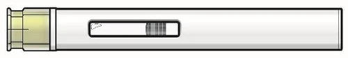 Pen-shaped medical device with cylindrical white body and a rectangular dose indicator with graduated scale in the central part