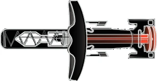 Stylized drawing of a black sword with curved guard and blade decorated with white geometric lines and a central red stripe