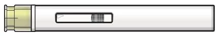 Horizontal pen-shaped medical device with white body and a component