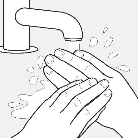 Black and white drawing showing two hands under an open tap while washing