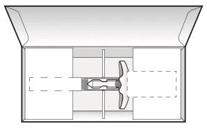 Technical schematic of an open cardboard box with internal dividers containing a central medical device with shaped components