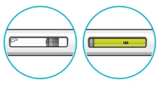 Two blue circles show a medical device with an empty transparent window on the left and a window with yellow liquid on the right