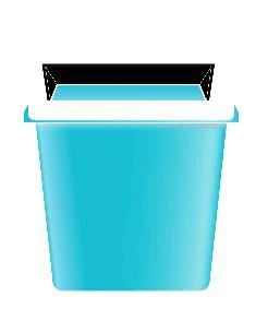 Blue medical waste container with black lid and white upper rim on a white background