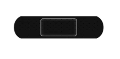Elongated black adhesive bandage with a central rectangular section outlined by a thin white border and small dark dots