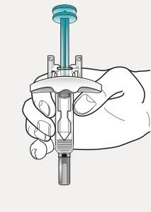 A hand holding vertically a syringe with blue plunger and transparent body showing internal liquid, with a cap at the base