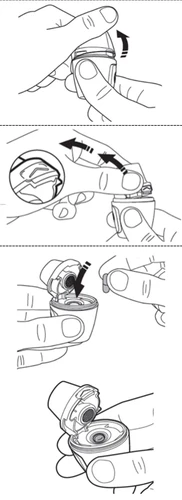 Sequence of four drawings showing hands opening and removing the cap of a medical device for