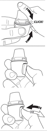 Three sequential drawings show hands gripping a medical device, with arrows and the word CLICK indicating pressing and rotating movements