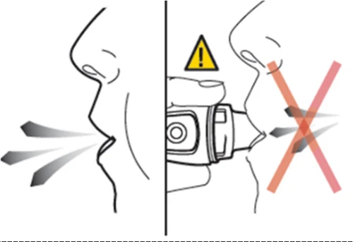 Two-part drawing showing the correct use of a vapor inhaler with vapor coming out of the mouth and the