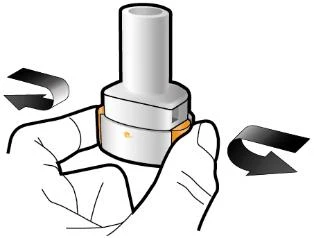 Two hands holding a white cylindrical medical device with black curved arrows indicating horizontal rotational movement